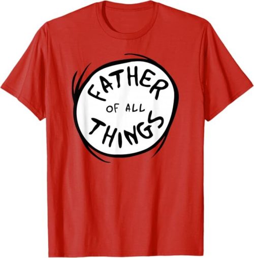 Dr. Seuss Father of All Things Emblem RED T-Shirt Official Dr. Seuss Merchandise featuring the iconic Dr. Seuss Father of All Things Emblem RED T-Shirt and perfect for fans of Dr. Seuss’s The Cat in the Hat and the whimsical world of Seussville. High-quality, breathable fabric for all-day wear and a must-have for Dr. Seuss lovers, kids, and adults alike. Lightweight, Classic fit, Double-needle sleeve and bottom hem