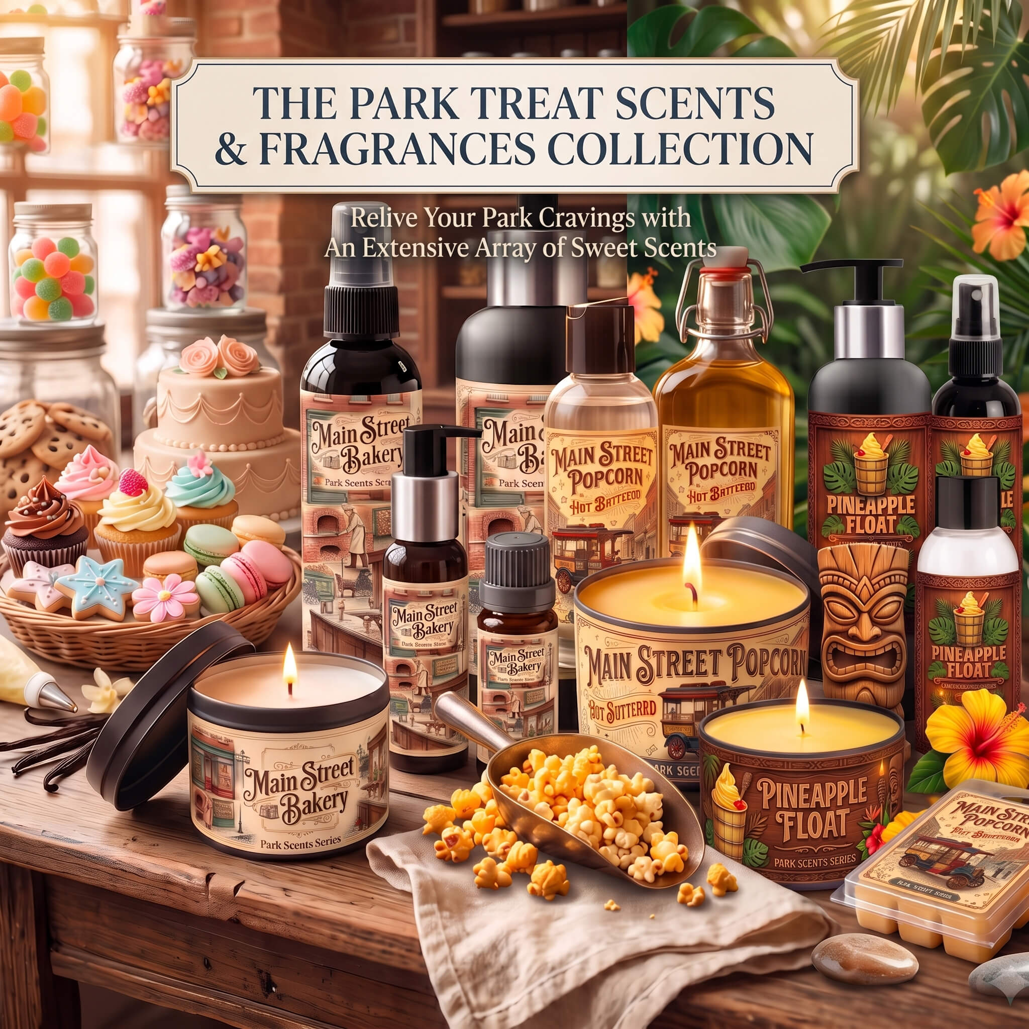 Theme Park & Resort Inspired Home Fragrances The complete Park Treat Scents & Fragrances collection featuring scents inspired by Main Street Bakery, Popcorn, and Pineapple Float.